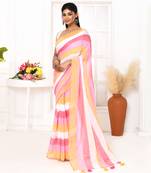 Pink striped mulmul cotton saree with tassels