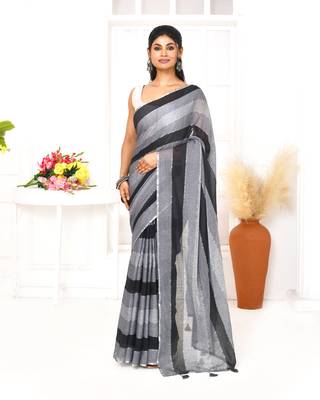 Grey black striped mulmul cotton saree with tassels 1