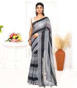 Grey black striped mulmul cotton saree with tassels