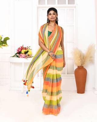 Multi color striped mulmul cotton saree with tassels 3