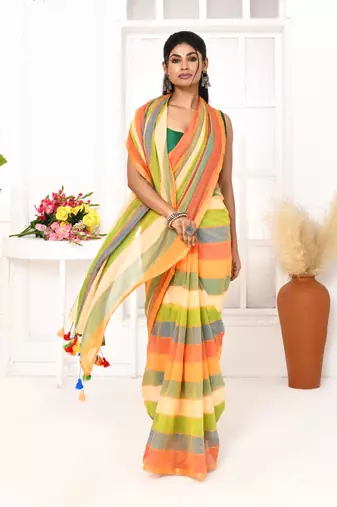 Multi color striped mulmul cotton saree with tassels