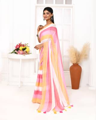 Pink striped mulmul cotton saree with tassels 2