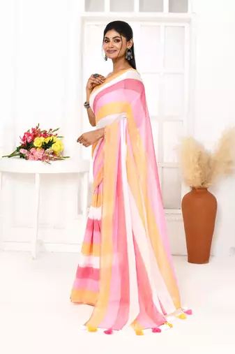 Pink striped mulmul cotton saree with tassels
