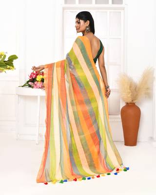 Multi color striped mulmul cotton saree with tassels 4