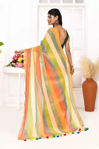 Multi color striped mulmul cotton saree with tassels