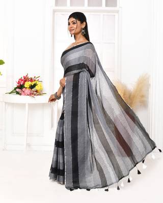 Grey black striped mulmul cotton saree with tassels 2