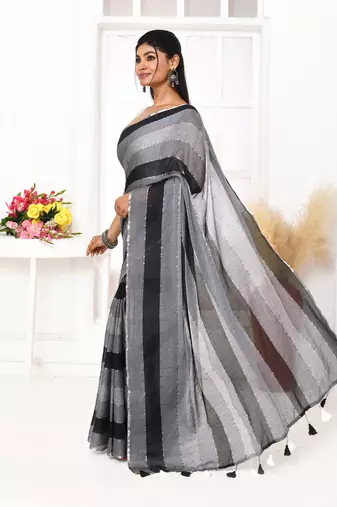Grey black striped mulmul cotton saree with tassels