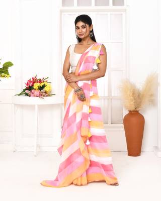 Pink striped mulmul cotton saree with tassels 3