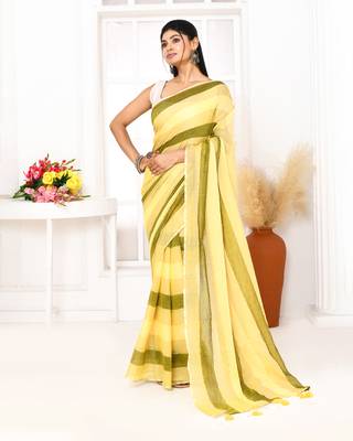 Multi color striped mulmul cotton saree with tassels 1