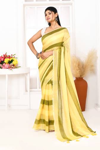 Multi color striped mulmul cotton saree with tassels