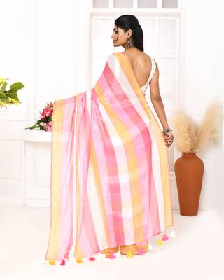 Pink striped mulmul cotton saree with tassels 4