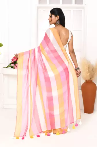 Pink striped mulmul cotton saree with tassels