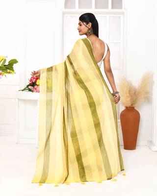 Multi color striped mulmul cotton saree with tassels 2