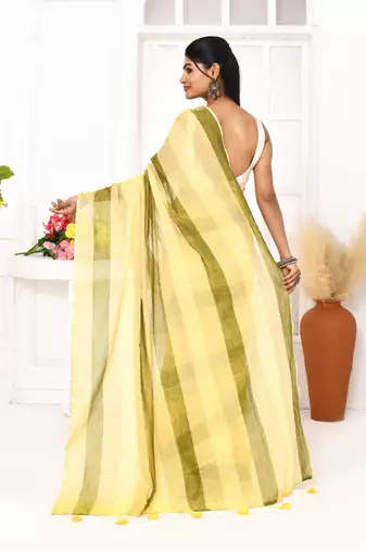 Multi color striped mulmul cotton saree with tassels