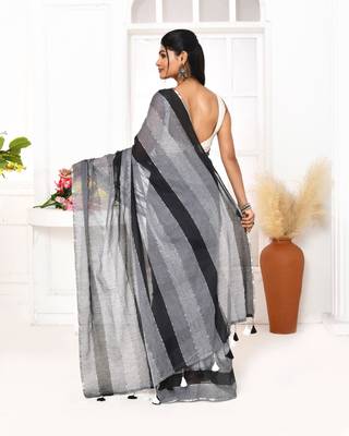 Grey black striped mulmul cotton saree with tassels 4