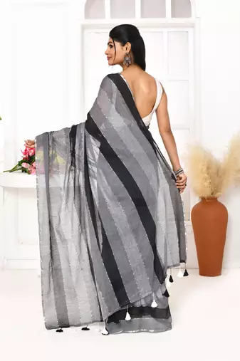 Grey black striped mulmul cotton saree with tassels