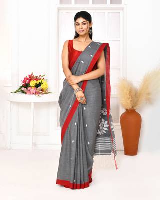 grey cotton handloom jamdani saree with blouse 1