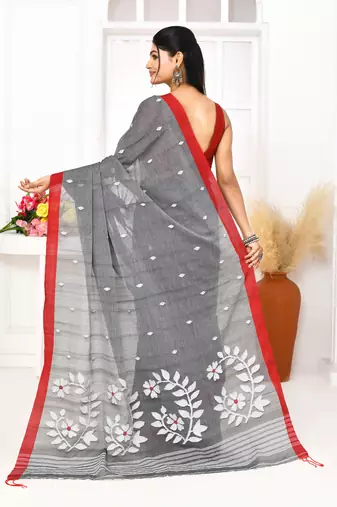 grey cotton handloom jamdani saree with blouse