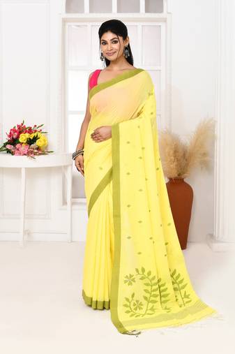 light lemon yellow cotton handloom jamdani saree with blouse
