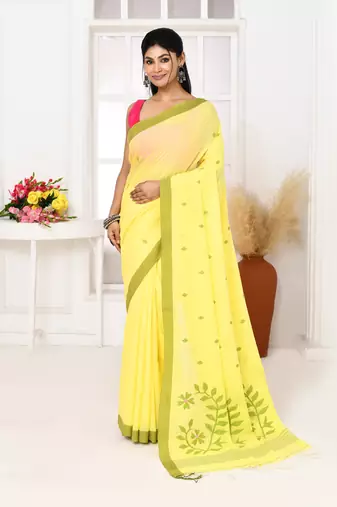 light lemon yellow cotton handloom jamdani saree with blouse