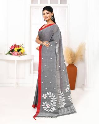 grey cotton handloom jamdani saree with blouse 3