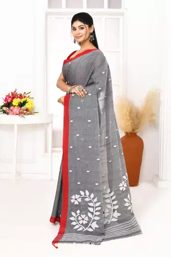 grey cotton handloom jamdani saree with blouse
