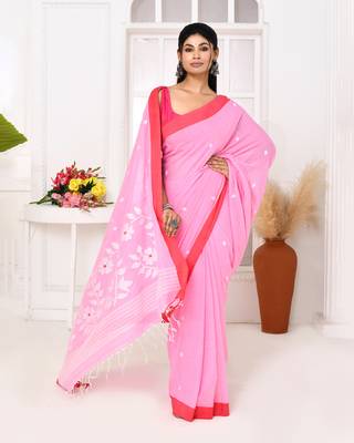 pink cotton handloom jamdani saree with blouse 1