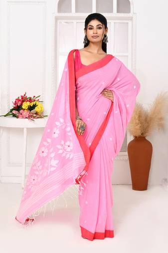 pink cotton handloom jamdani saree with blouse