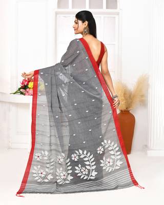 grey cotton handloom jamdani saree with blouse 4
