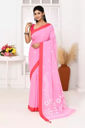 pink cotton handloom jamdani saree with blouse