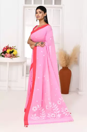 pink cotton handloom jamdani saree with blouse