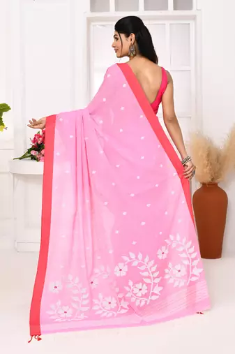 pink cotton handloom jamdani saree with blouse
