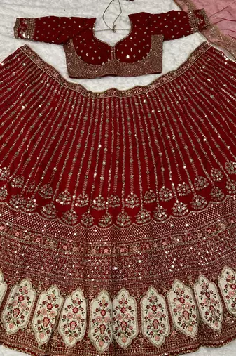 red sequins work silk lehenga set choli with dupatta with dupatta
