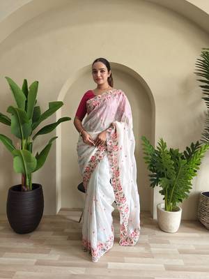 White gold crush saree with leheriya embroidery & running blouse 1