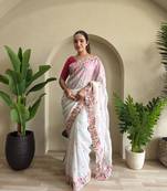 White gold crush saree with leheriya embroidery & running blouse