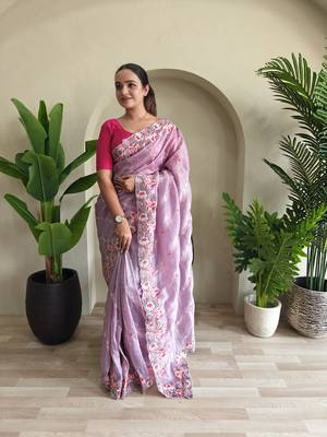 Lavender gold crush saree with leheriya embroidery & running blouse 1