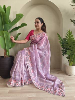 Lavender gold crush saree with leheriya embroidery & running blouse 3
