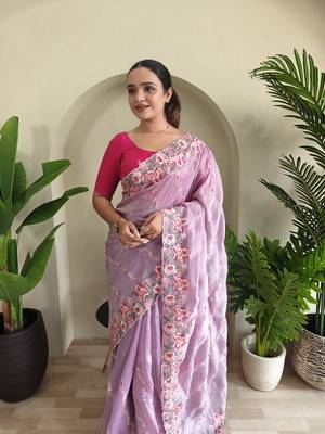 Lavender gold crush saree with leheriya embroidery & running blouse 4