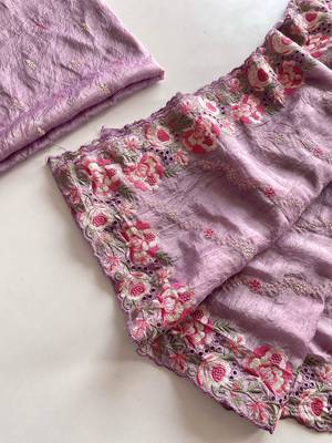 Lavender gold crush saree with leheriya embroidery & running blouse 6