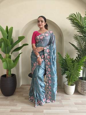 Sky blue gold crush saree with leheriya embroidery & running blouse 1