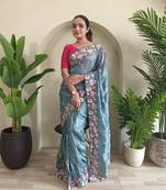 Sky blue gold crush saree with leheriya embroidery & running blouse