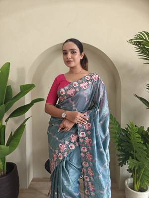 Sky blue gold crush saree with leheriya embroidery & running blouse 3