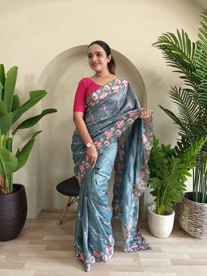 Sky blue gold crush saree with leheriya embroidery & running blouse 4