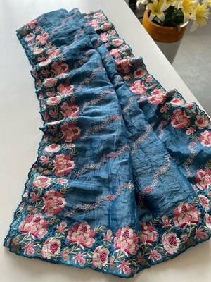 Sky blue gold crush saree with leheriya embroidery & running blouse 6