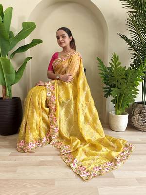Yellow gold crush saree with leheriya embroidery & running blouse 1