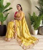 Yellow gold crush saree with leheriya embroidery & running blouse