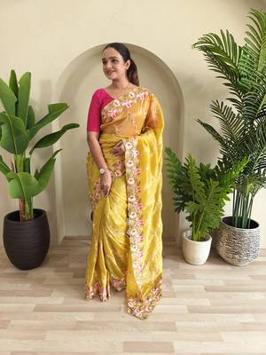 Yellow gold crush saree with leheriya embroidery & running blouse 3
