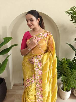 Yellow gold crush saree with leheriya embroidery & running blouse 4