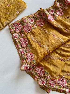 Yellow gold crush saree with leheriya embroidery & running blouse 5