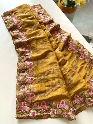 Yellow gold crush saree with leheriya embroidery & running blouse 6